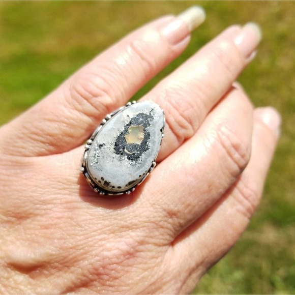 New Silver Shine Fire Druzy Sterling Silver Ring 8
